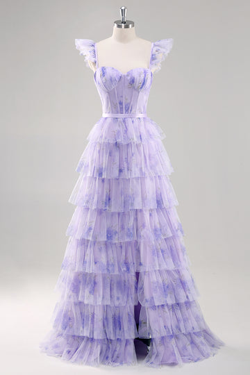 Lavender A Line Tiered Tulle Long Prom Dress with Slit